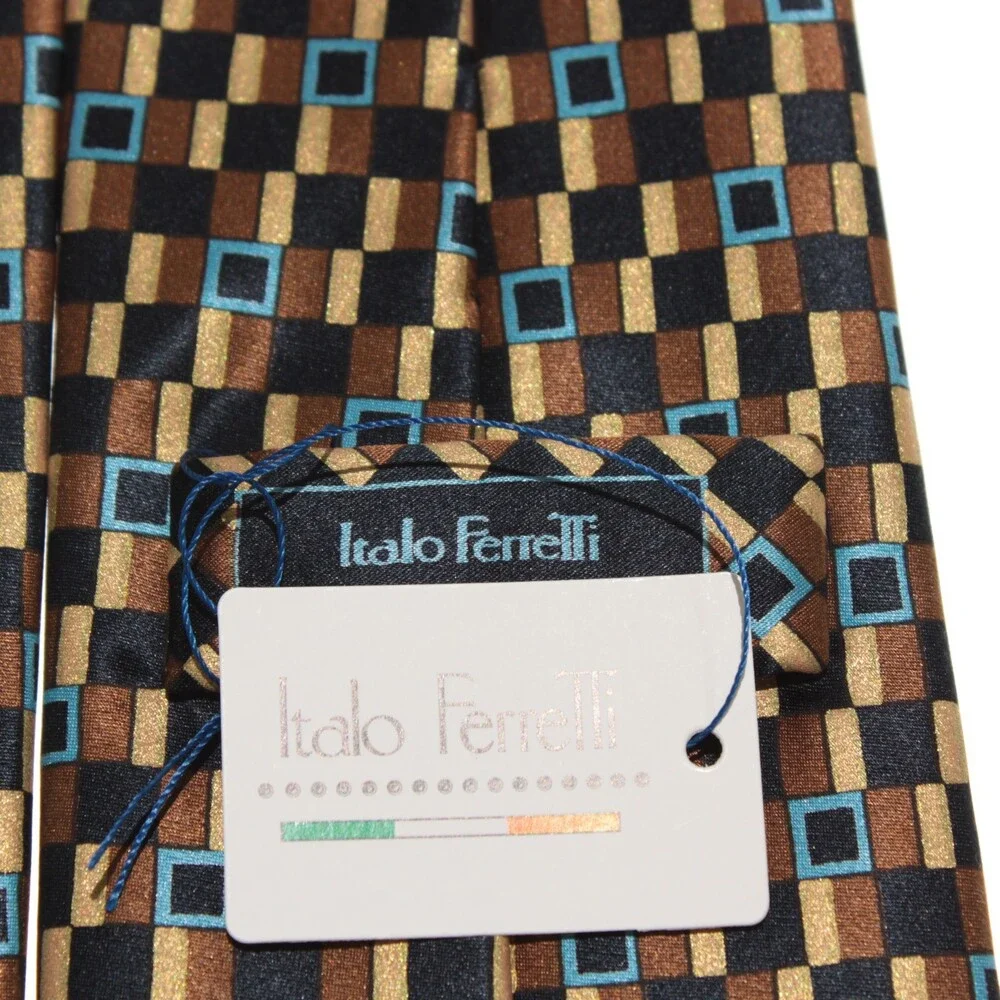Italo Ferretti NWT Neck Tie in Browns & Blues Geometric Print 100% Silk